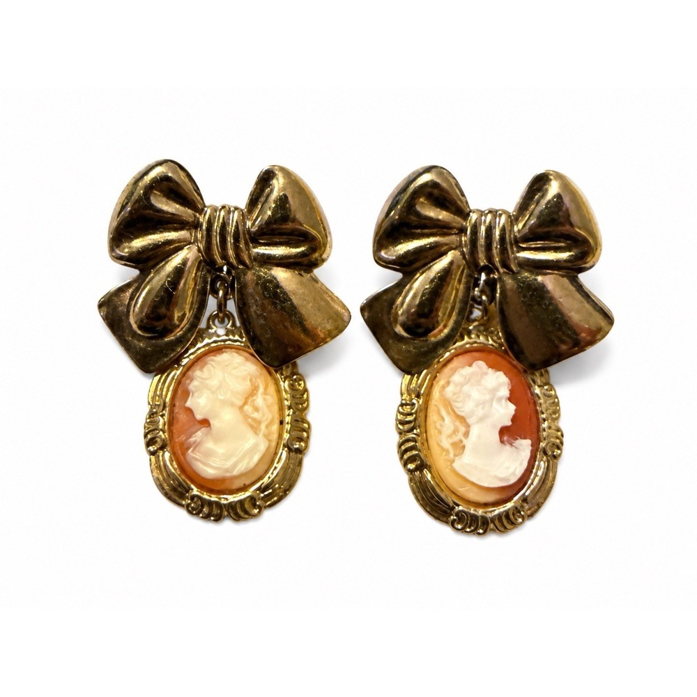 Vintage Style Cameo Bow Dangle Earrings Gold Tone Victorian Romantic Statement